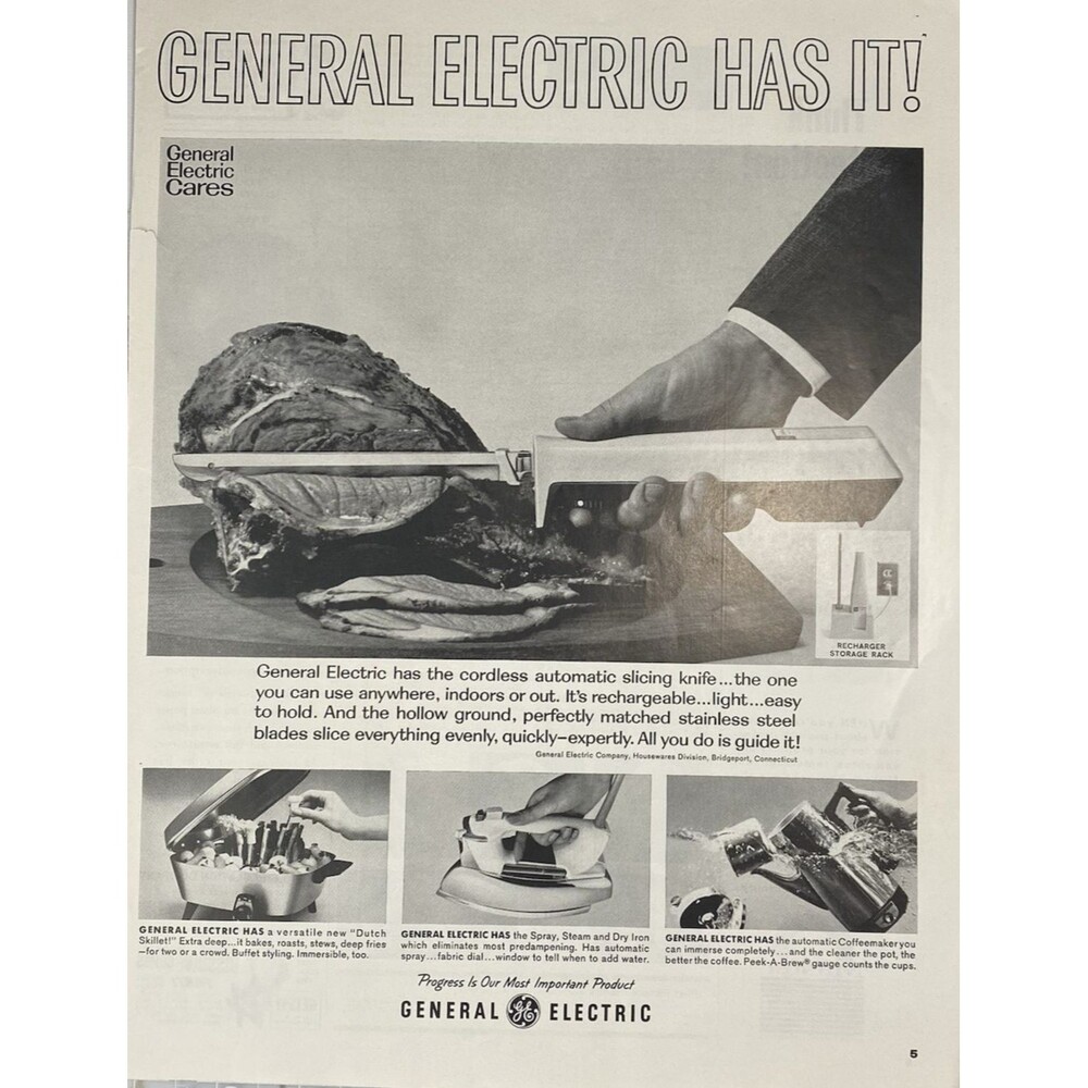 General Electric Cordless automatic slicing knife "GE Has It!" Print Ad 1960's